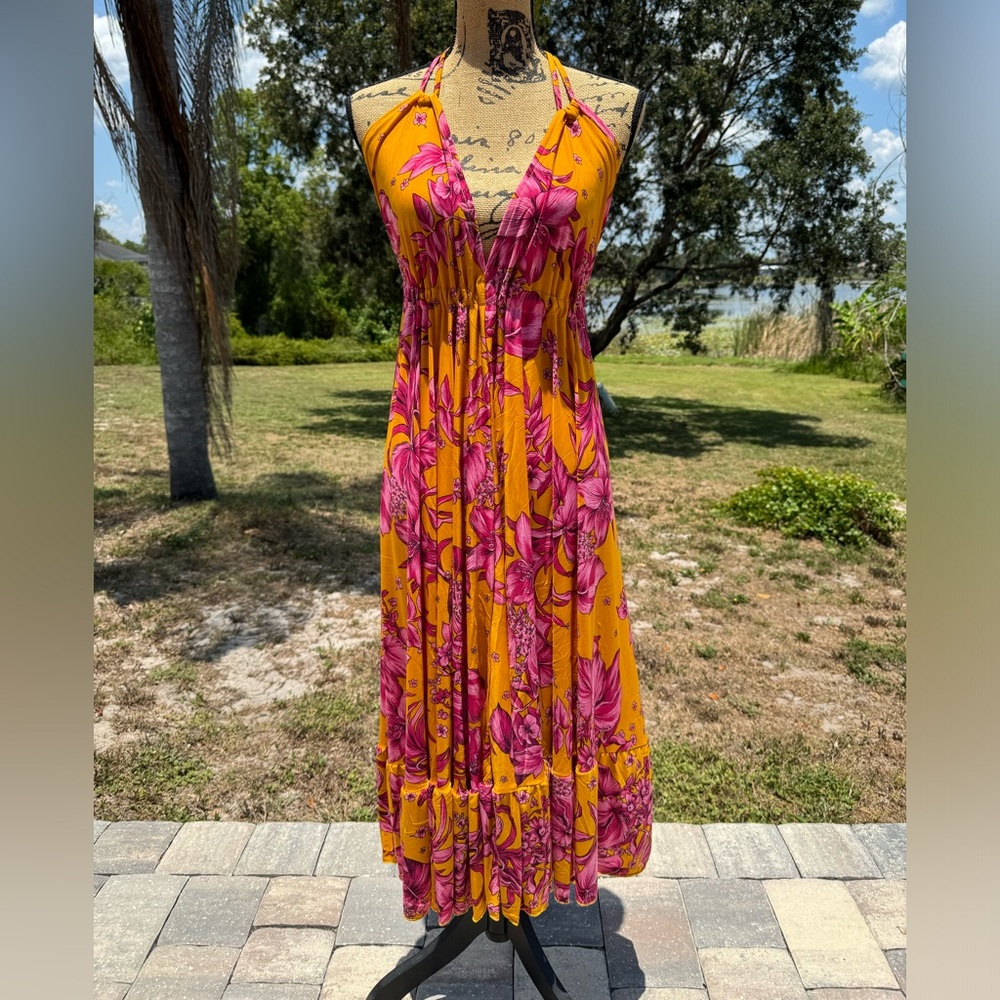 NWT Wuhou Floral Midi Dress Coverup Floral Orange Pink Size S/M Boho Open Back